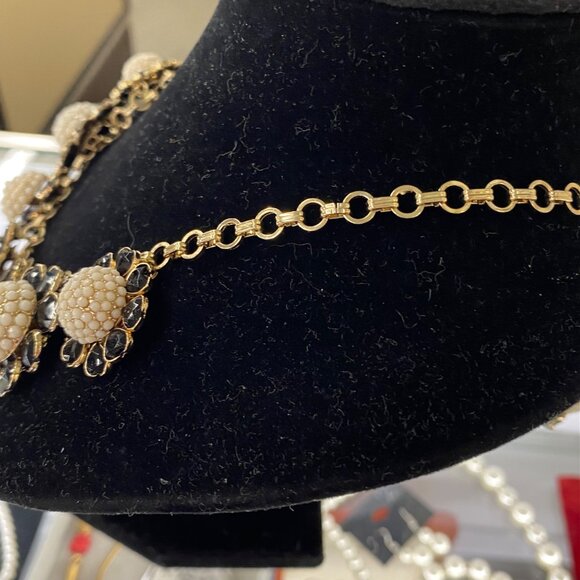Gold-Tone Floral Statement Necklace With Black & White Beaded Petals W/ earrings - Picture 5 of 5